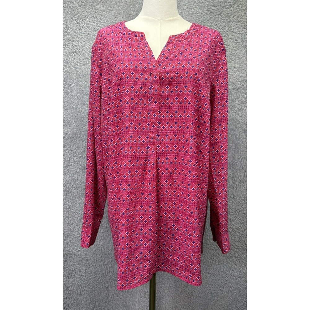 Talbots Womens Top Blouse 1X Pink Geometric Artsy Boho Popover Long Line V Neck